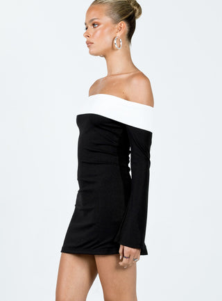 Anya Long Sleeve Off Shoulder Mini Dress Black  White