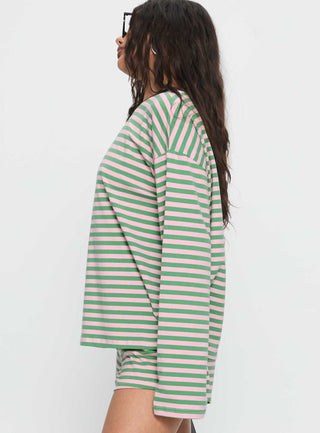 Settle Down Long Sleeve Top Green  Pink Stripe