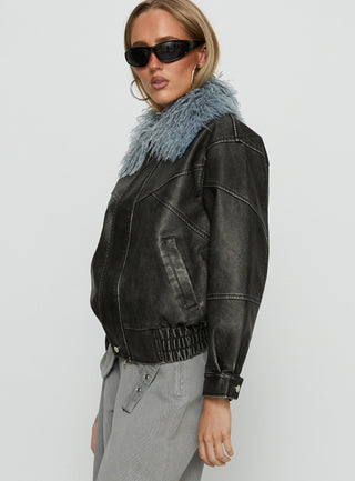 Brittanni Fluffy Collar Jacket Black  Blue