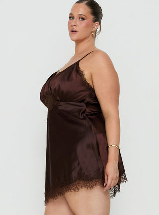 Raines Asymmetrical Lace Mini Dress Brown Curve