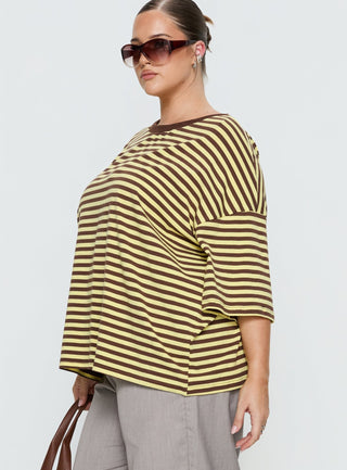 Settle Down Short Sleeve Top Yellow  Brown Stripe Curve