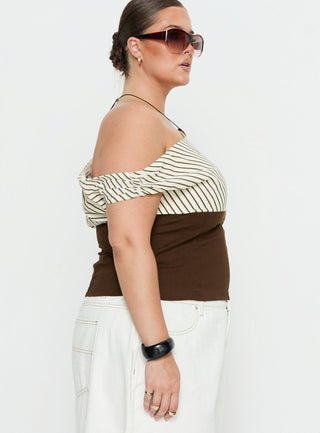 Past Life One Shoulder Top Brown  Stripe Curve