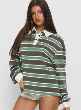 Tycen Polo Rugby Jumper Green  Grey Stripe