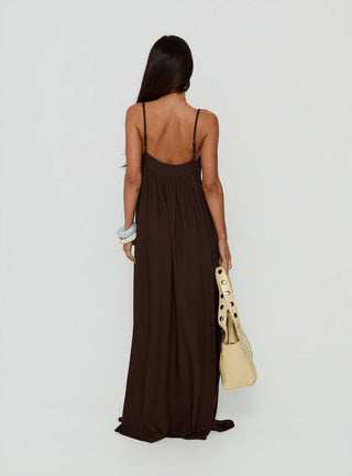 Wildah Linen Smock Maxi Dress Brown