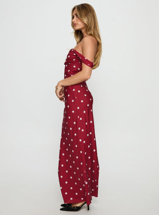 End Credits Off Shoulder Pleat Maxi Dress Red  Polka Dot