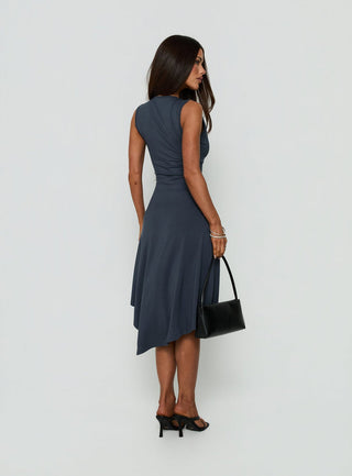 Louisia V Neck Hanky Hem Midi Dress Charcoal