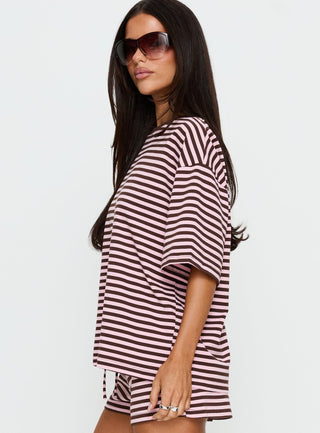 Settle Down Short Sleeve Top Pink  Brown Stripe
