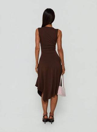 Louisia V Neck Hanky Hem Midi Dress Brown