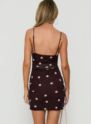 Edesia Ruched Mini Dress Chocolate Polka Dot