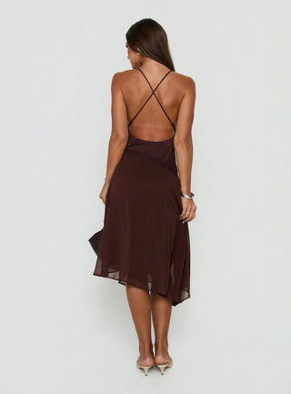 Emeliah Asymmetrical Plunge Midi Dress Brown