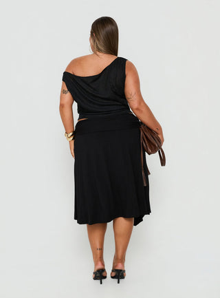 Soft Focus Tie Waist Midi Skirt Black Curve
