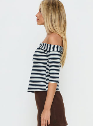 Shaylla Off Shoulder 34 Sleeve Top Blue Stripe