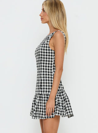 Kolbie Boat Neck Frill Mini Dress Black  White Check