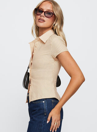 Lift Off Button Up Top Cream  Navy Stripe
