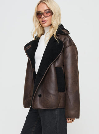 Nunez Faux Leather Jacket Washed Brown  Black