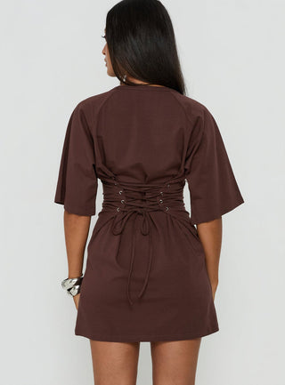 Enzia Raglan Lace Up Mini Dress Brown