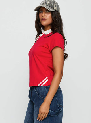 Learn Your Lesson Contrast Collared Top Red  White