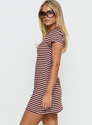 Settle Down Short Sleeve Mini Dress Pink  Brown Stripe