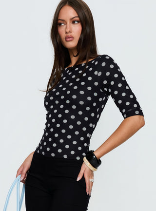 Venna 34 Sleeve Boat Neck Top Black  White Polka