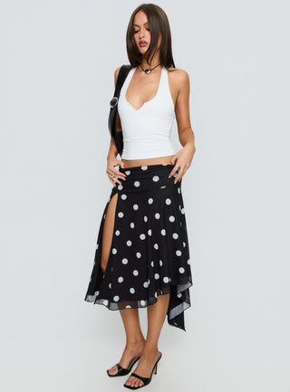 Dulciana High Split Asymmetrical Midi Skirt Black  Polka Dot