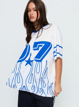 97 Sportstar Oversized Jersey Graphic Top White  Blue