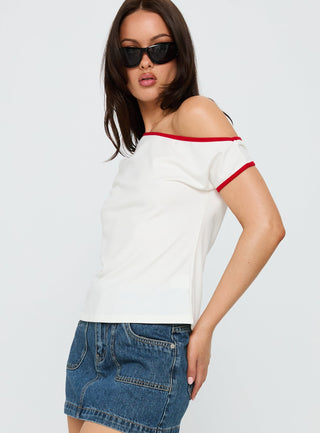 Kelsa Off Shoulder Contrast Trim Top White  Red