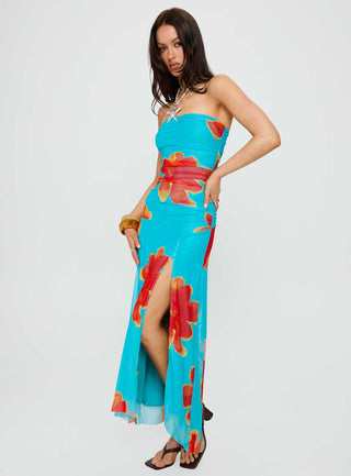 Katara Strapless Maxi Dress Blue  Orange Floral