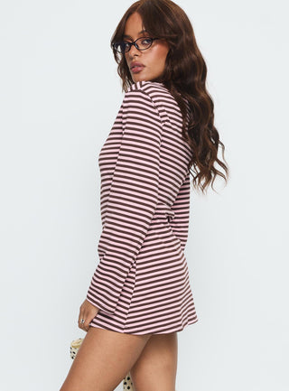 Lulolah Long Sleeve Mini Dress Chocolate  Pink Stripe