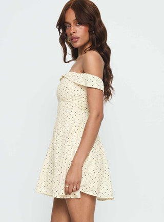 Rosebud Off The Shoulder Mini Dress Yellow  Polka Dot