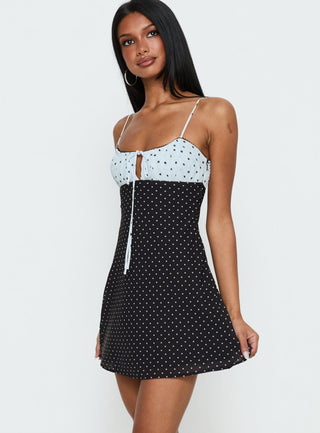 Rylann Contrast Tie Detail Mini Dress Navy  Blue Polka