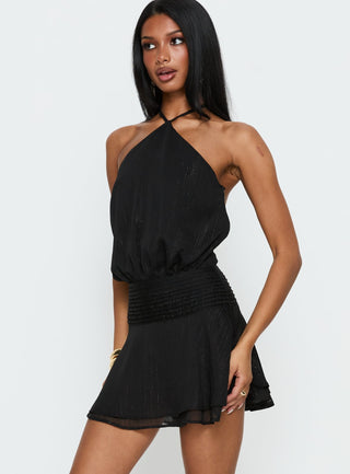 Rozario Chiffon Halter Mini Dress Black  Silver