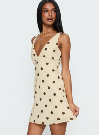 Nellie Mini Dress Lemon  Brown Polka Dot