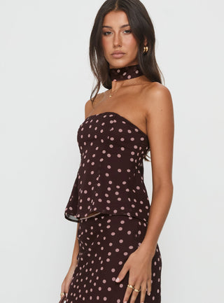 Sydni Scarf Detail Strapless Top Chocolate  Pink Polka Dot