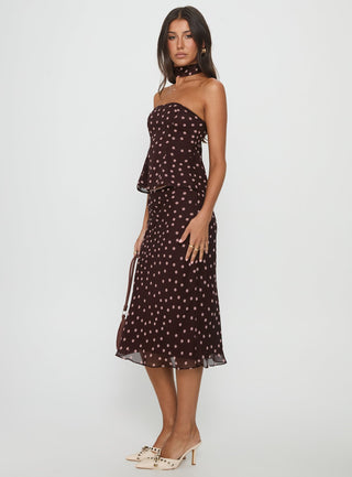 Sydni Midi Bias Cut Skirt Chocolate  Pink Polka