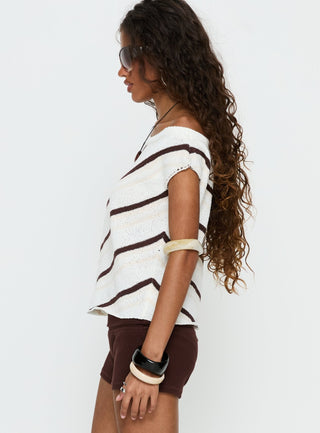 Ashfield Off Shoulder Top White  Beige Stripe