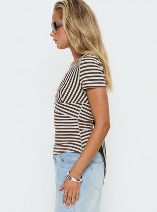 Madelon Short Sleeve Wrap Top Brown  Blue Stripe