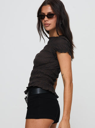 Romelle Shirred Top Black  Brown Plaid