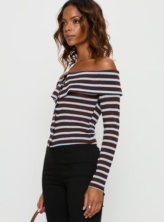 Raelena Off Shoulder Long Sleeve Top Blue  Brown Stripe