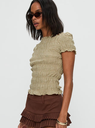 Romelle Shirred Top Green  Brown Plaid