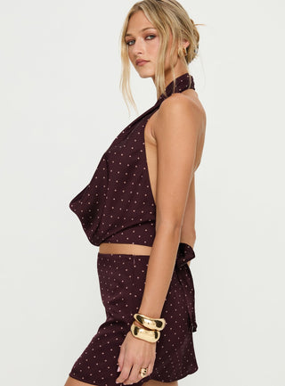 Keiana Plunge Neck Top Burgundy  Pink Polka