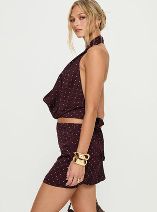 Keiana Mini Skirt Burgundy  Pink Polka