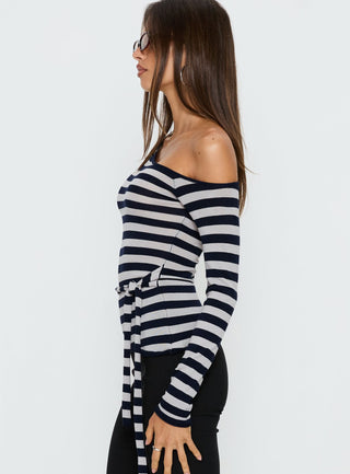 Kastor One Shoulder Long Sleeve Top Navy  Grey Stripe