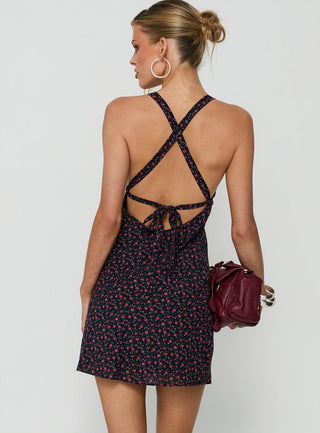 Rosabelle Halter Satin Mini Dress Navy / Red Floral
