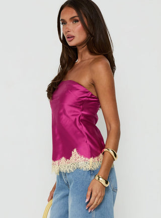 Fiorelle Strapless Lace Trim Satin Top Berry / Lemon