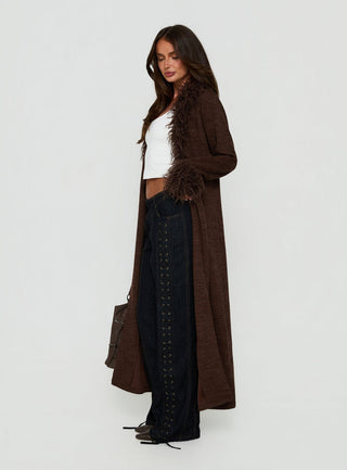 Marriah Longline Faux Fur Trim Cardigan Chocolate