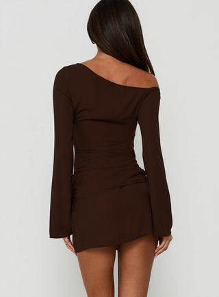 Still Spinning One Shoulder Belted Mini Dress Brown