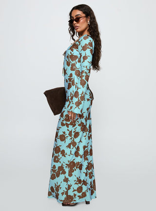 Elorie Long Sleeve Maxi Dress Blue  Brown