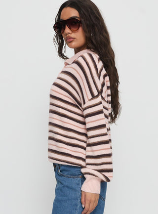 Jeanny Collared Knit Sweater Brown  Pink Stripe
