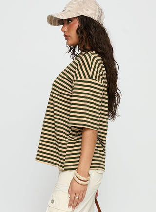 Settle Down Short Sleeve Top Green  Cream Stripe