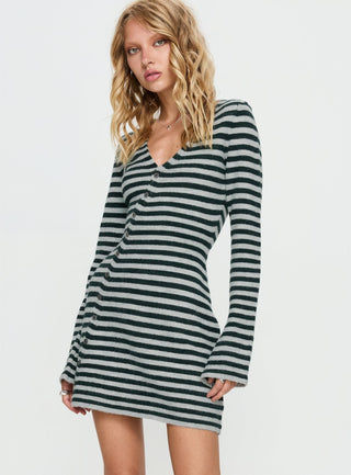 Morgen Asymmetrical Long Sleeve Mini Dress Grey  Green Stripe